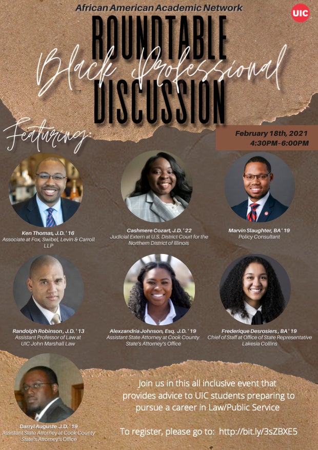 Brown background with images of former Black UIC alumni and text that reads Roundtable Black Professional Discussion