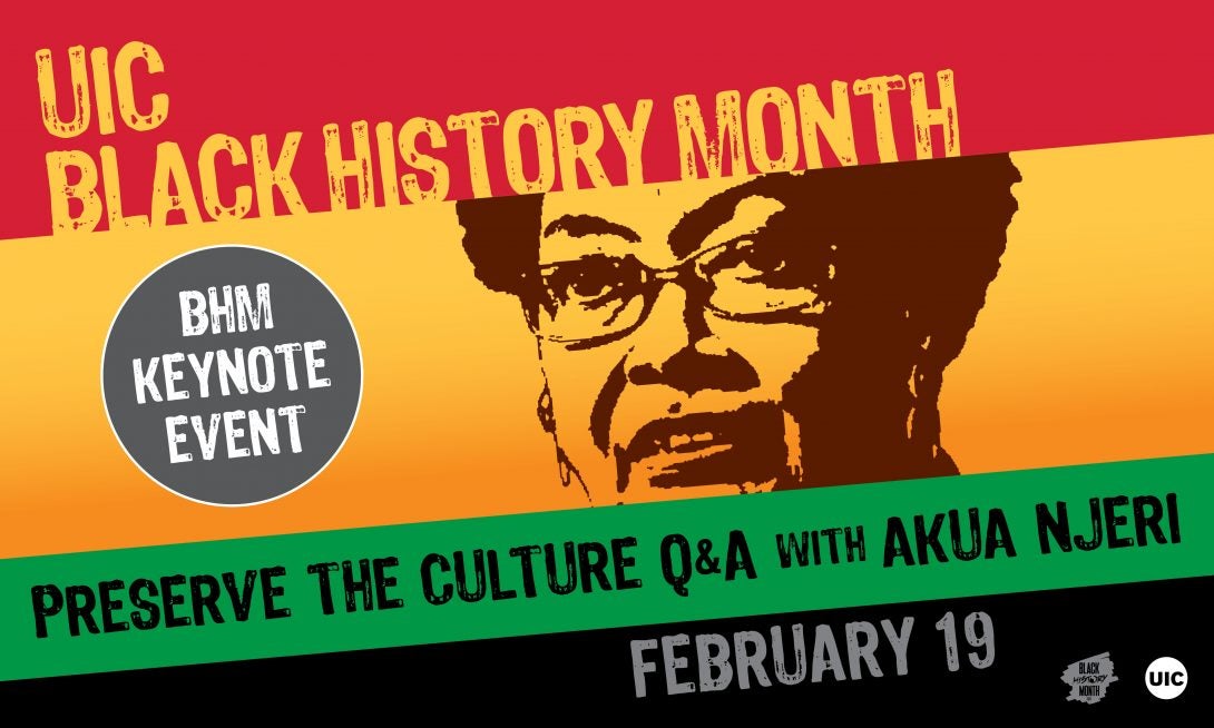 Red, Yellow, green and black color striped background with image of Akua Njeri. The text reads Preserve the Culture Q and A with Akua Njeri.