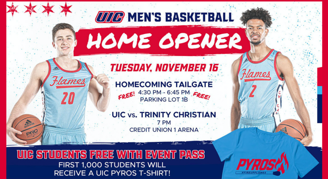 Image of 2 basketball players: red border, home opener game tailgate details, 1000 tshirts
