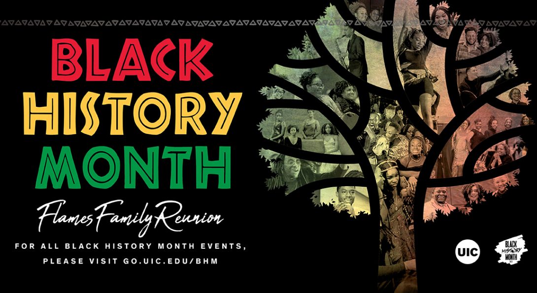 black background with a silhouette of a tree and pictures from past BHM events to signify this years theme of BHM which is Flame Family Reunion.