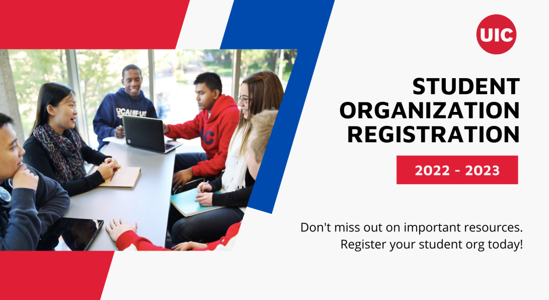 Red and blue stripes in the back with a picture of students sitting around a table and text on the image that reads Student Organization Registration