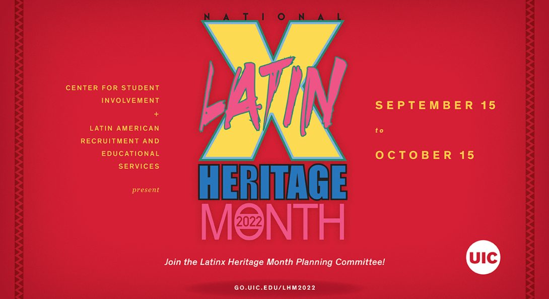 Red background with Latin Heritage Month icon in yellow, pink, and blue.  Details in orange font color.