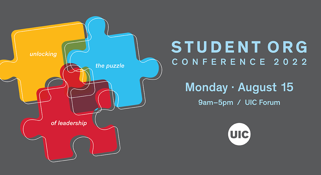 Student Org Conference 2022 image with 3 puzzle pieces in yellow, blue, and red.  Blue font on gray background.