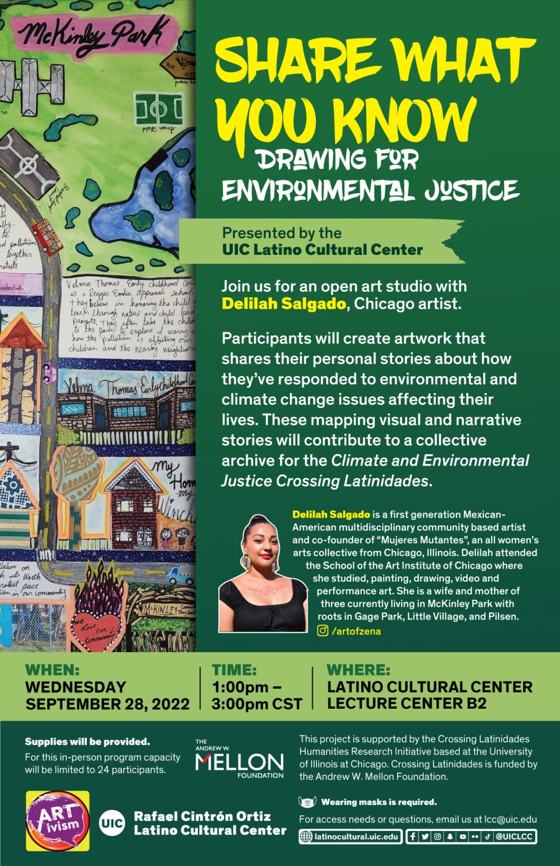 Green background and to the left of the page there is a hand drawn map of the McKinley Park and neighborhood. The map contains a soccer field, a pond, several houses, buildings, and three cars on the road going down the page. The artist's picture is small and next to a heart at the bottom of the map. She is wearing her hair in a tight bun, has hoop earrings, and is wearing red lipstick and a black blouse that shows a tattoo in the middle of her chest near her collar bones.