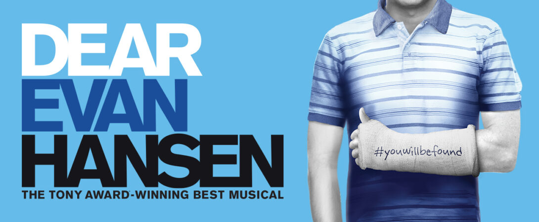 Image of Dear Evan Hansen in blue, black, and white.  Image of a person in a cast in blue striped polo shirt.
