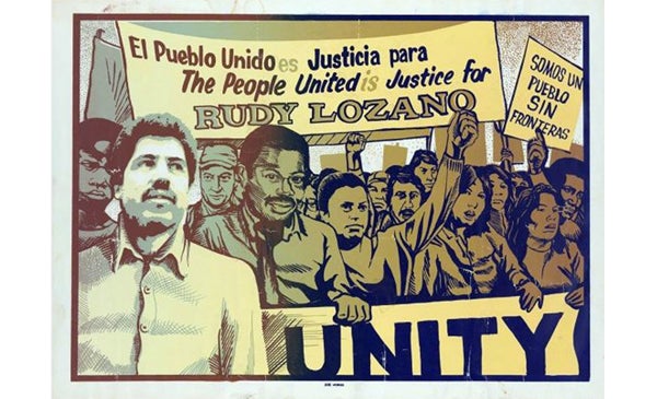 Image of Rudy Lozano with marchers in a yellow/brown background