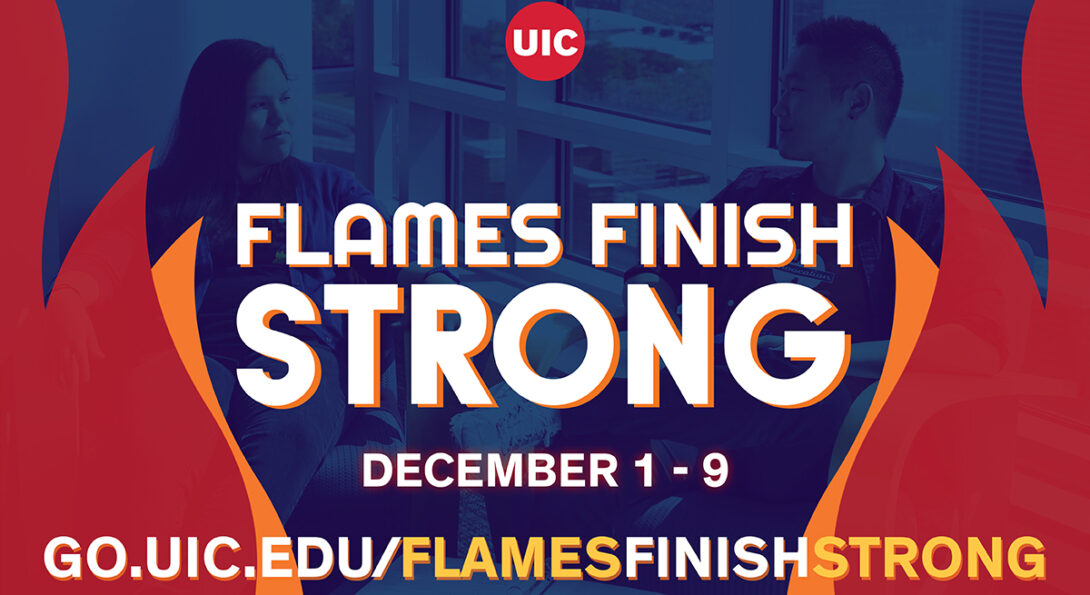 Blue background with student silhouette in the back and text that says Flames Finish Strong
