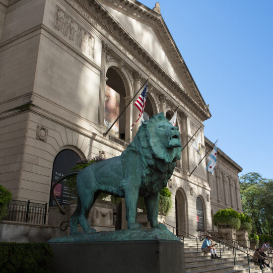 The Art Institute of Chicago. Michigan Avenue Entrance. Courtesy of the Art Institute of Chicago.  Edward Kemeys, Lions. Bronze with Green patina. Gift of Mrs. Henry Field, 1898.1a-b. The Art Institute of Chicago. The lions are the registered trademarks of the Art Institute of Chicago.