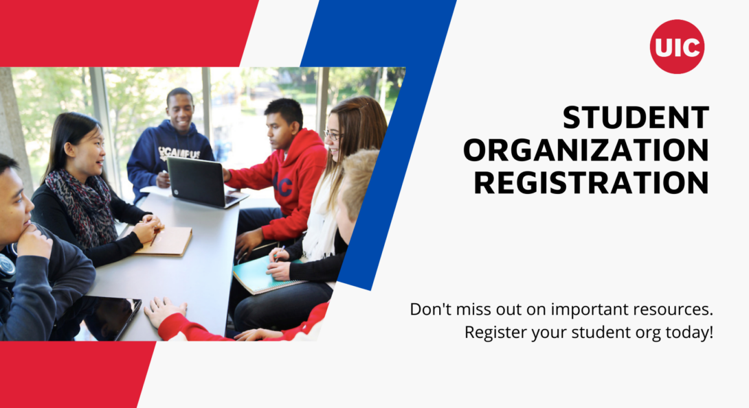 Red and blue stripes in the back with a picture of students sitting around a table and text on the image that reads Student Organization Registration