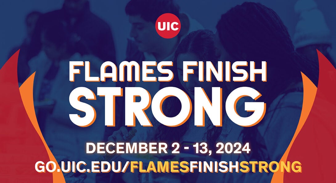 Blue background with student silhouette in the back and text that says Flames Finish Strong