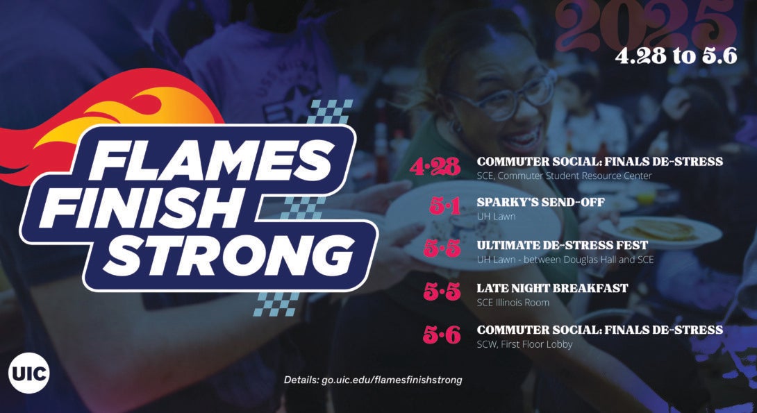 Blue background with student silhouette in the back and text that says Flames Finish Strong